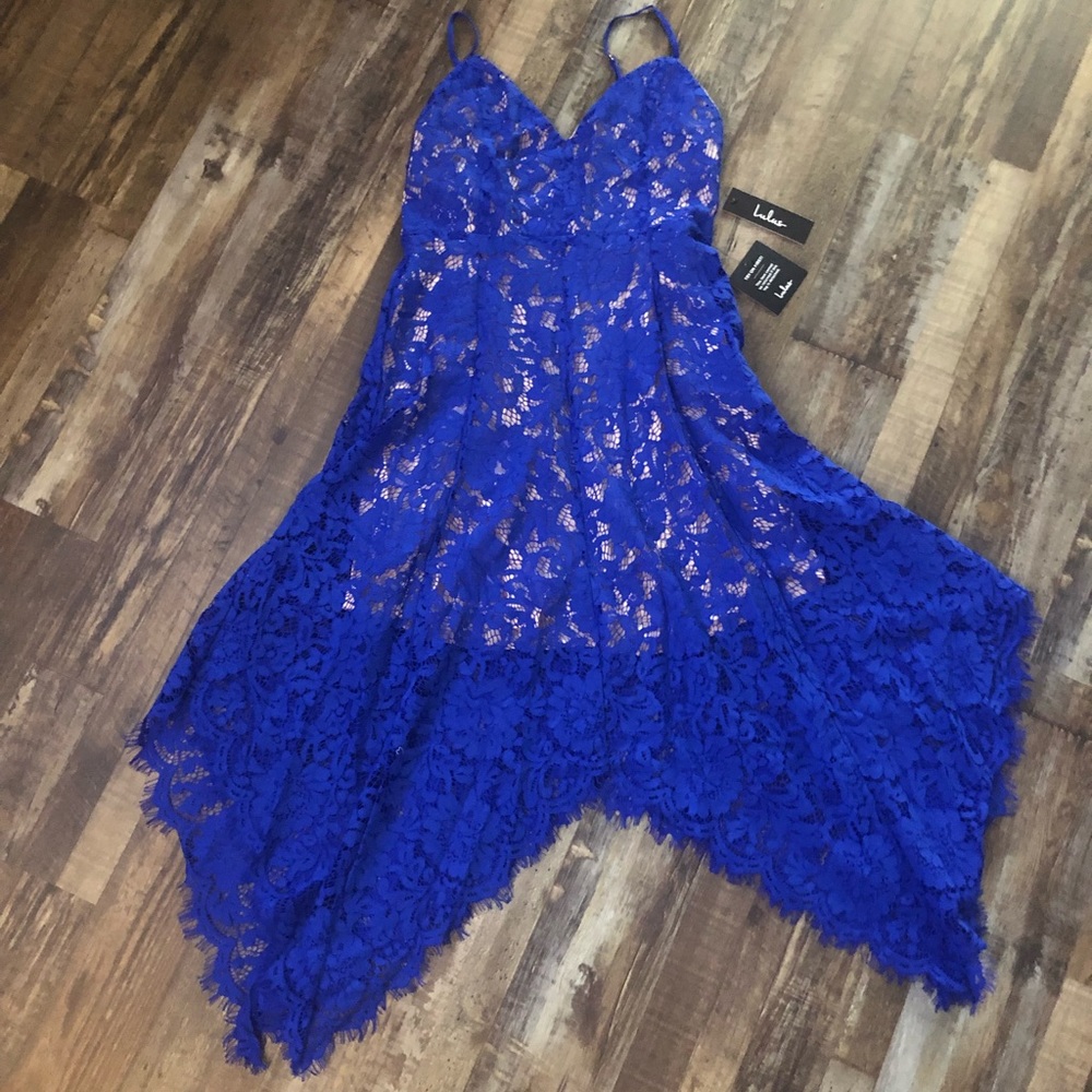 ONE WISH ROYAL BLUE LACE MIDI DRESS